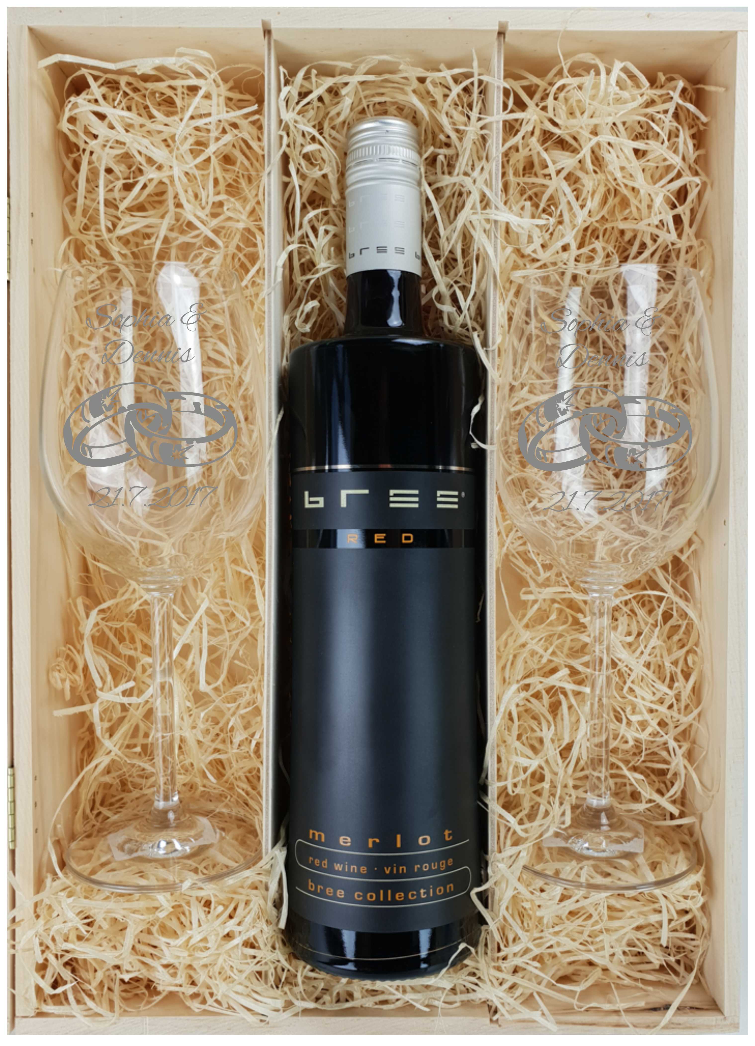 Gravierte Weingläser Holzkiste mit Rotwein Geschenkset Hochzeit "Ringe