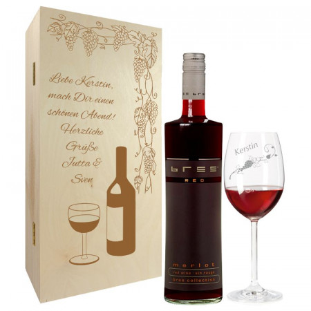 Geburtstagsgeschenk Rotweingläser mit Gravur und Geschenkbox 2er "Weinrebe" 1