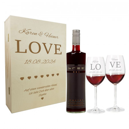 Hochzeitsgeschenk Rotweingläser mit Gravur und Geschenkbox "Love" 1