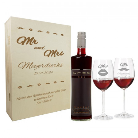 Hochzeitsgeschenk Rotweingläser mit Gravur und Geschenkbox "MrMrs" 1