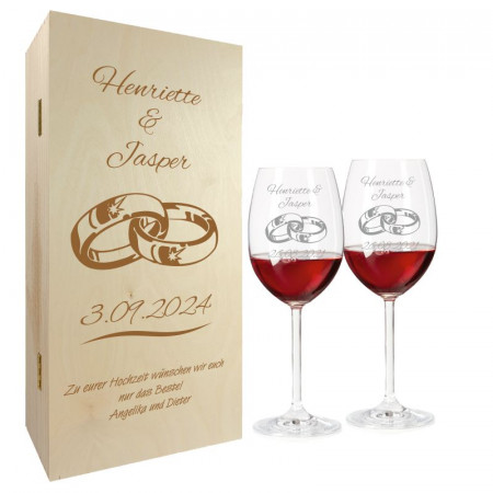 Hochzeitsgeschenk Rotweingläser mit Gravur und Geschenkbox 2er "Ringe" 1