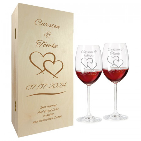 Hochzeitsgeschenk Rotweingläser mit Gravur und Geschenkbox 2er "Zwei Herzen" 1