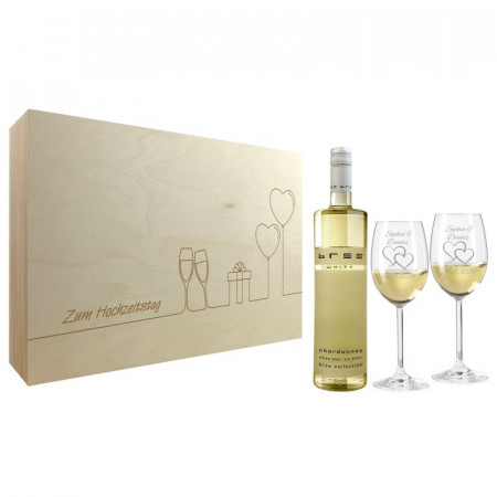 Hochzeitsgeschenk Weißweingläser mit Gravur und Geschenkbox "Glückwunsch" 1