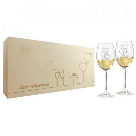 Hochzeitsgeschenk Weißweingläser mit Gravur und Geschenkbox 2er "Glückwunsch" 1