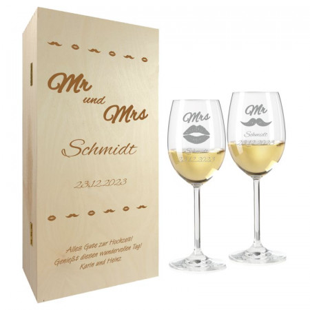Hochzeitsgeschenk Weißweingläser mit Gravur und Geschenkbox 2er "Mr und Mrs" 1