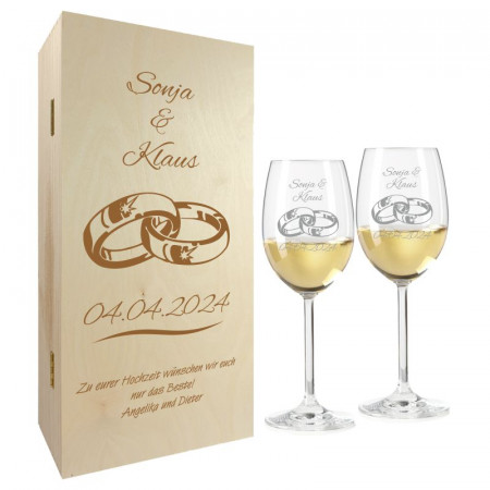 Hochzeitsgeschenk Weißweingläser mit Gravur und Geschenkbox 2er "Ringe" 1