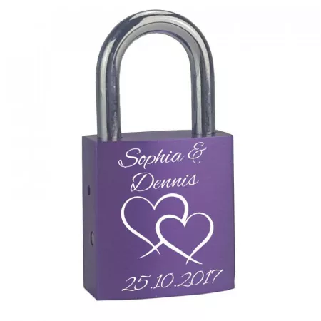 Liebesschloss mit personalisierter Gravur als Geschenk für den Partner Doppelherz lila