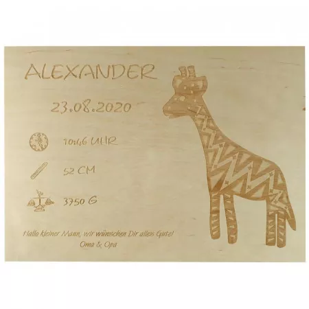 Personalisierte Erinnerungskiste aus Holz mit Gravur Giraffe Front