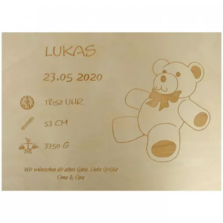 Personalisierte Erinnerungskiste aus Holz mit Gravur Teddybär Front