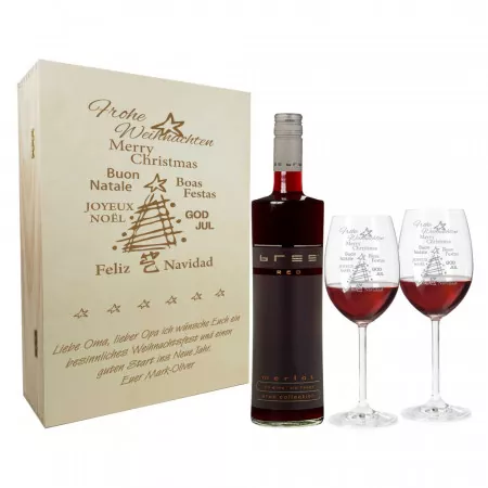 Rotweingläser und Holzbox als Geschenkset zu Weihnachten Titelbild