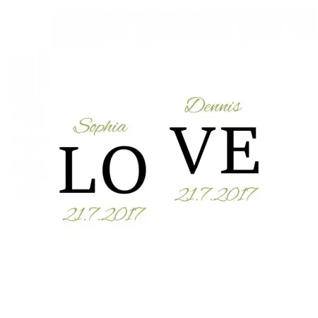 Sektgläser und Holzbox als Geschenkset zur Hochzeit mit personalisierter Gravur LOVE Motiv im Detail