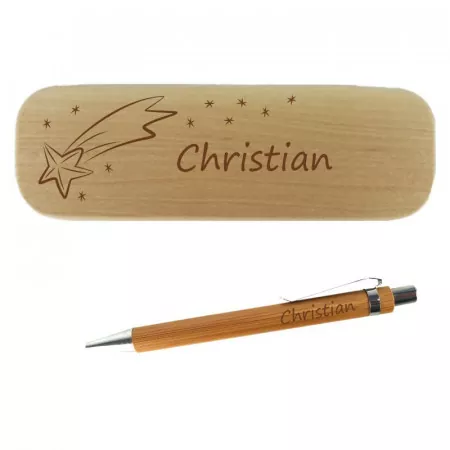 Holzkugelschreiber und Holzbox im Set mit personalisierter Gravur als Geschenk Sternschnuppe Detailansicht