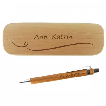 Holzkugelschreiber und Holzbox im Set mit personalisierter Gravur als Geschenk Welle Detailansicht