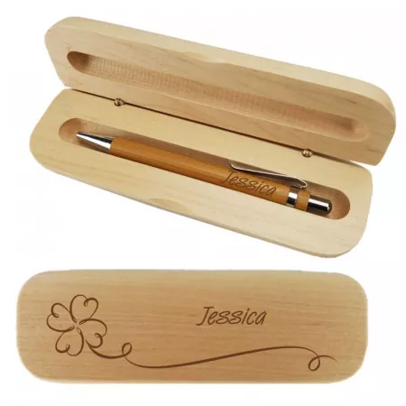 Holzkugelschreiber und Holzbox im Set mit personalisierter Gravur als Geschenk Kleeblatt Titelbild