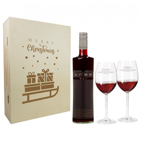 Weihnachtsgeschenk Rotweingläser mit Gravur und Geschenkbox "Schlitten" 1