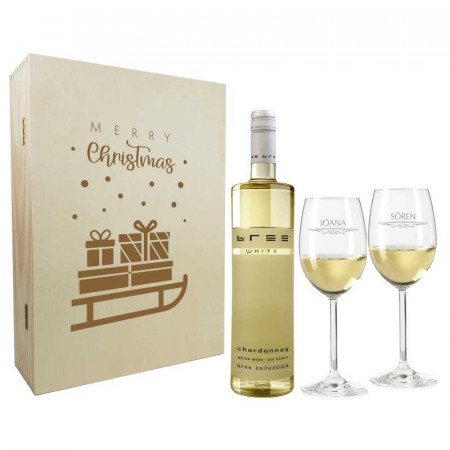 Weihnachtsgeschenk Weißweingläser mit Gravur und Geschenkbox "Schlitten" 1