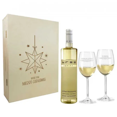 Weihnachtsgeschenk Weißweingläser mit Gravur und Geschenkbox "Stern" 1