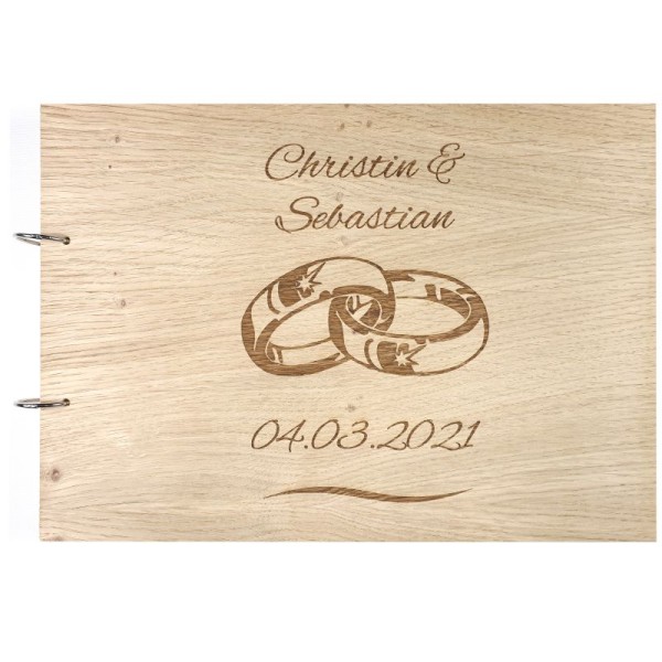 Gästebuch zur Hochzeit personalisiert mit Motiv "Hochzeitsringe" Frontansicht Gästebuch zur Hochzeit personalisiert mit Motiv "Hochzeitsringe" Frontansicht