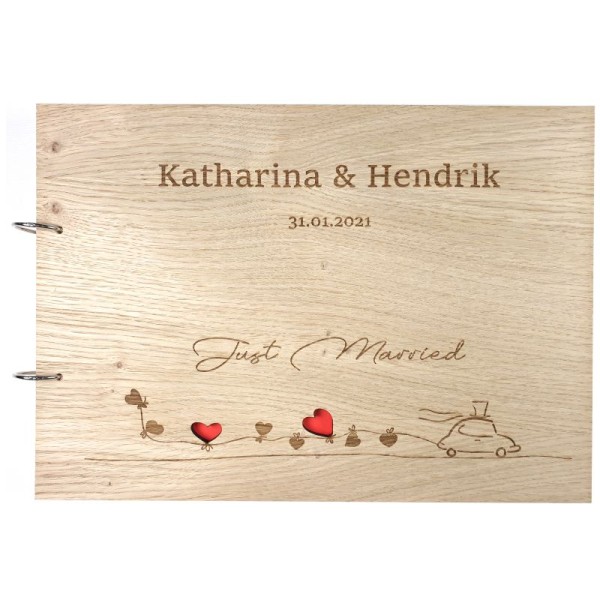 Gästebuch zur Hochzeit personalisiert mit Motiv "Just married" Frontansicht Gästebuch zur Hochzeit personalisiert mit Motiv "Just married" Frontansicht