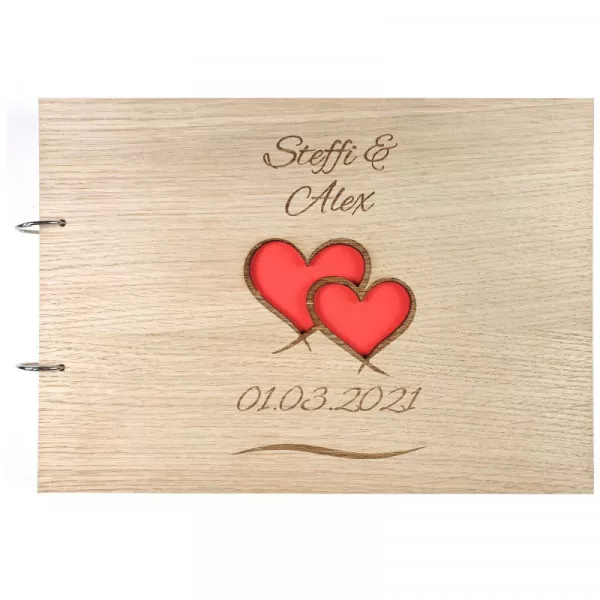 Gästebuch zur Hochzeit personalisiert mit Motiv "Zwei Herzen" Frontansicht