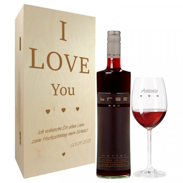 Geburtstagsgeschenk Rotweingläser mit Gravur und Geschenkbox 2er "I love you" 1
