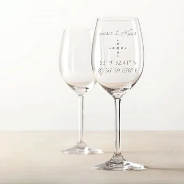 Rotweinglas mit personalisierter Gravur als Geschenk Koordinaten 5