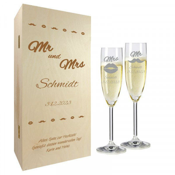 Hochzeitsgeschenk Sektgläser mit Gravur und Geschenkbox "Mr & Mrs" 2er 1