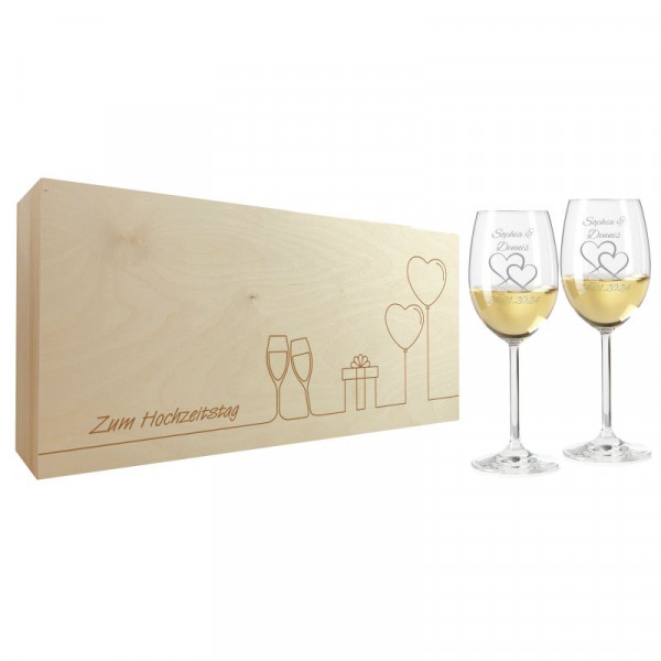 Hochzeitsgeschenk Weißweingläser mit Gravur und Geschenkbox 2er "Glückwunsch" 1