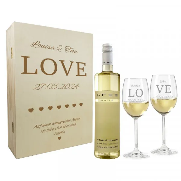 Hochzeitsgeschenk Weißweingläser mit Gravur und Geschenkbox "Love" 1