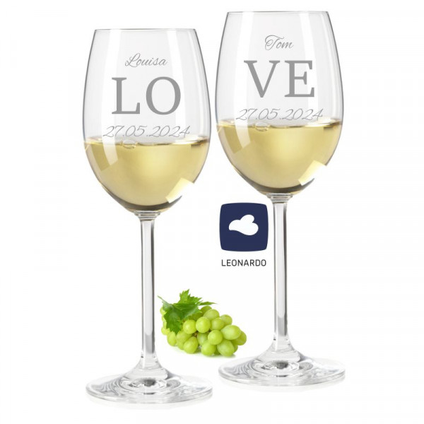 Hochzeitsgeschenk Weißweingläser mit Gravur und Geschenkbox "Love" 7