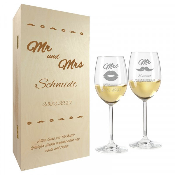 Hochzeitsgeschenk Weißweingläser mit Gravur und Geschenkbox 2er "Mr und Mrs" 1