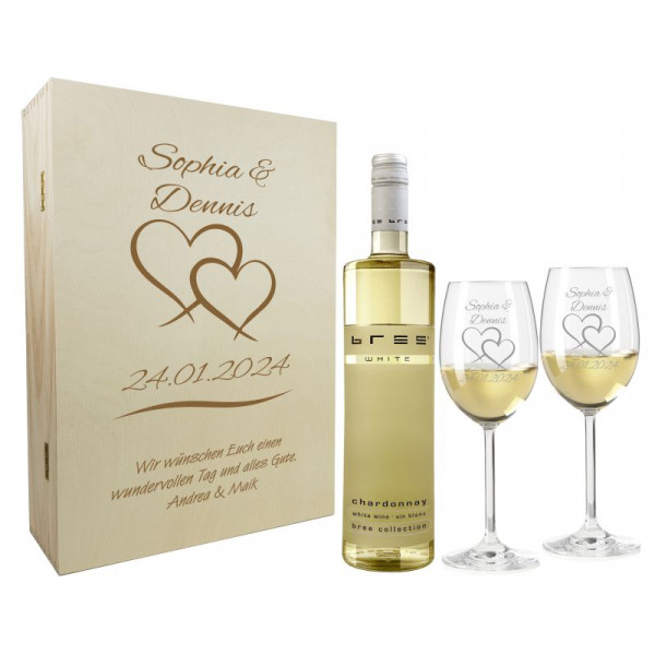 Hochzeitsgeschenk Weißweingläser mit Gravur und Geschenkbox "Zwei Herzen" 1
