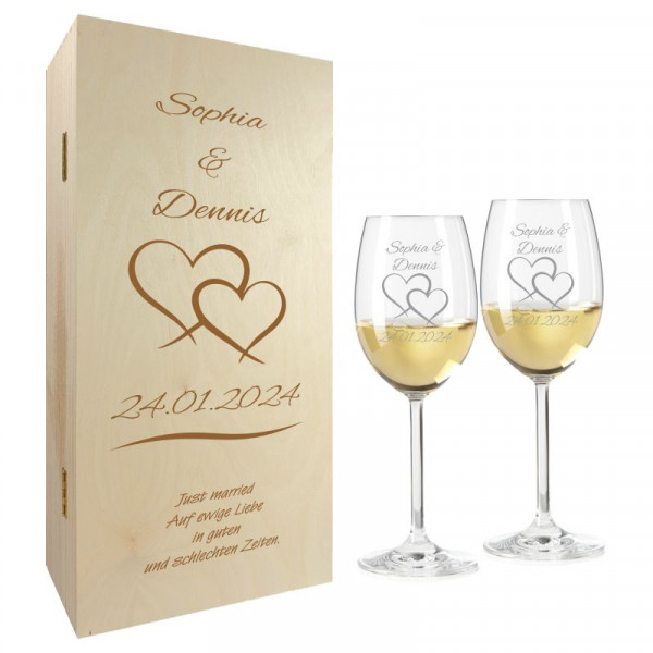 Hochzeitsgeschenk Weißweingläser mit Gravur und Geschenkbox 2er "Zwei Herzen" 1