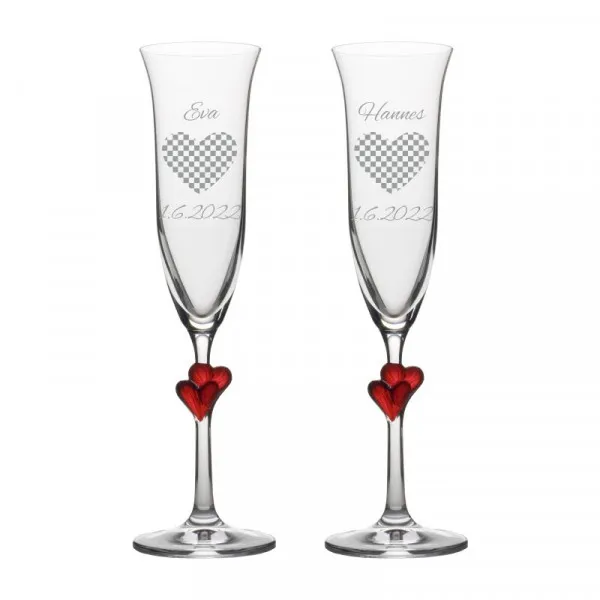 Sektgläser mit personalisierter Gravur als Geschenk zur Hochzeit mit roten Herzen Herz3 3