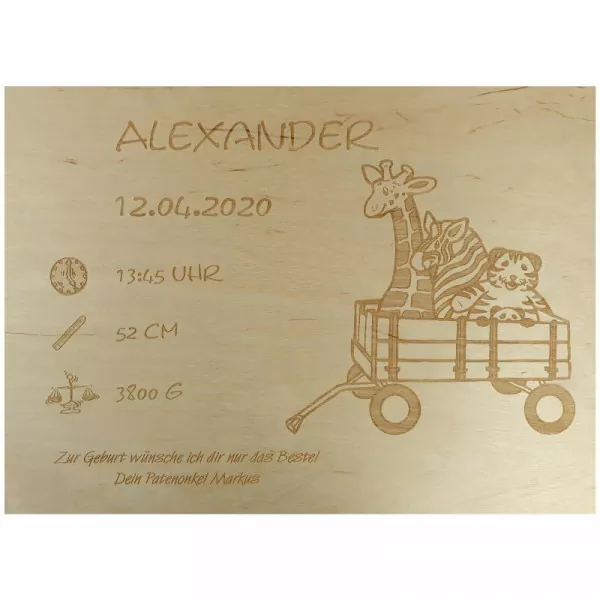 Personalisierte Erinnerungskiste aus Holz mit Gravur Bollerwagen Front
