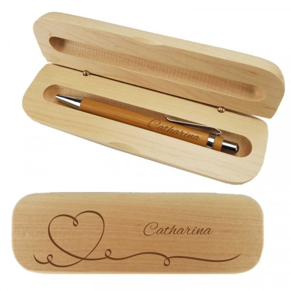 Kugelschreiber aus Bambusholz Schreibset mit personalisierter Gravur als Geschenk Herz 1