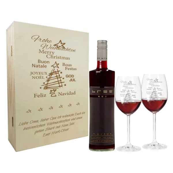 Rotweingläser und Holzbox als Geschenkset zu Weihnachten Titelbild