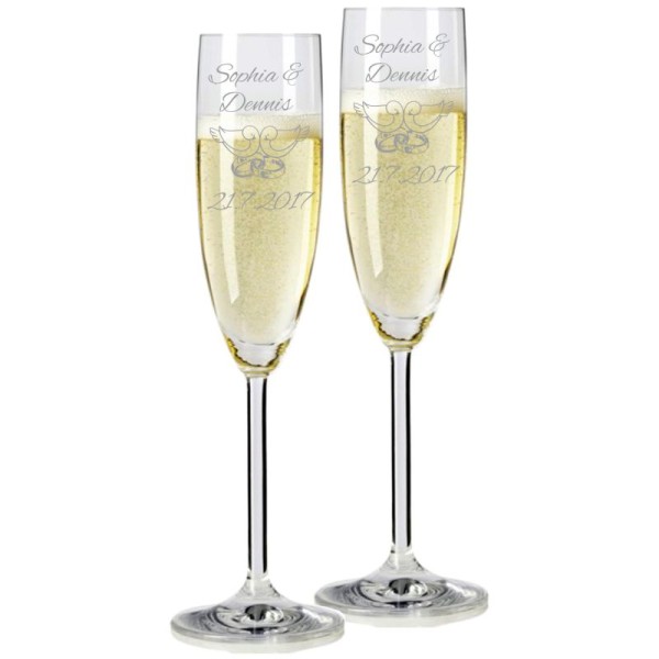 Sektgläser mit personalisierter Gravur als Geschenk zur Hochzeit Tauben und Ringe Titelbild Sektgläser mit personalisierter Gravur als Geschenk zur Hochzeit Tauben und Ringe Titelbild
