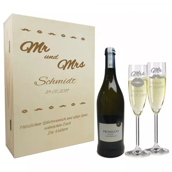 Sektgläser und Holzbox als Geschenkset zur Hochzeit mit personalisierter Gravur Mr und Mrs Titelbild