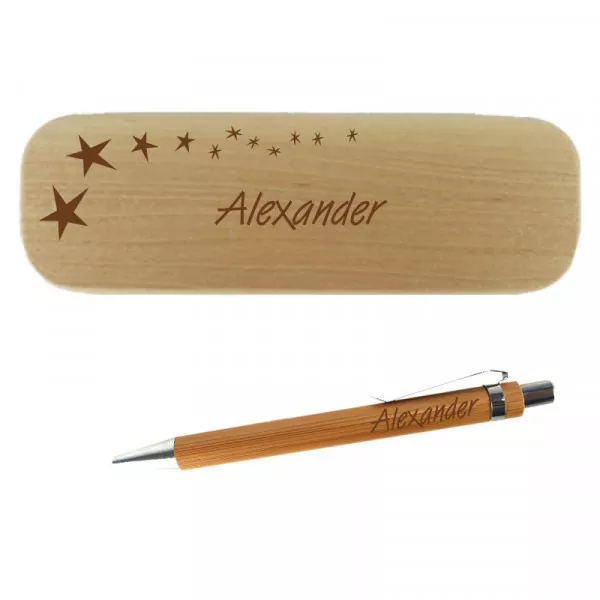 Holzkugelschreiber und Holzbox im Set mit personalisierter Gravur als Geschenk Sterne Detailansicht