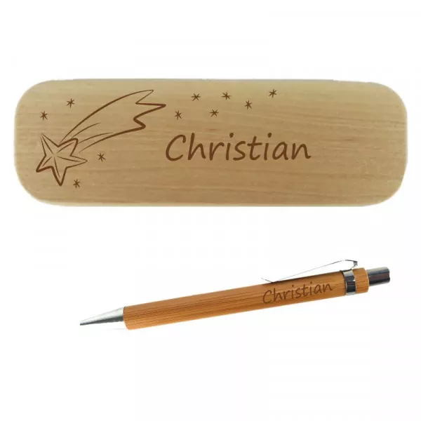 Holzkugelschreiber und Holzbox im Set mit personalisierter Gravur als Geschenk Sternschnuppe Detailansicht