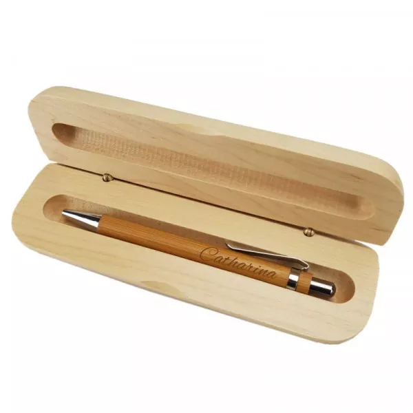 Holzkugelschreiber und Holzbox im Set mit personalisierter Gravur als Geschenk Herz Innenansicht