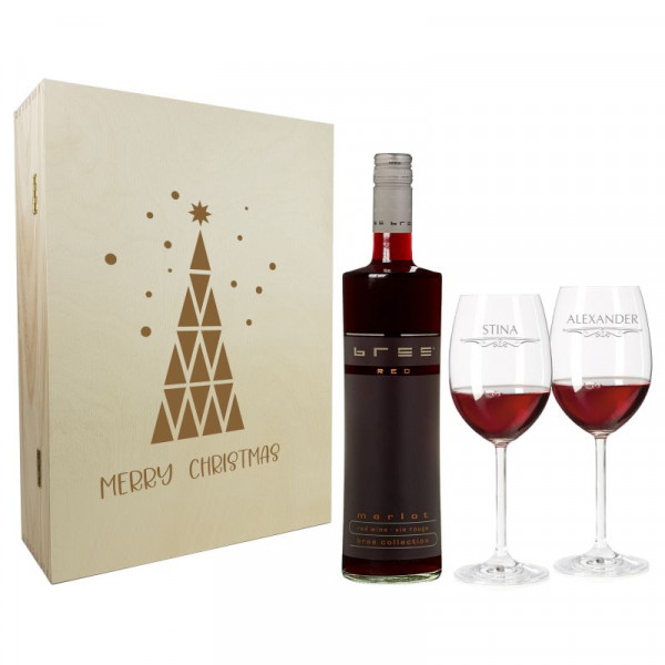 Weihnachtsgeschenk Rotweingläser mit Gravur und Geschenkbox "Tannenbaum" 1