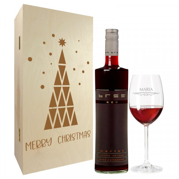 Weihnachtsgeschenk Rotweingläser mit Gravur und Geschenkbox 2er "Tannenbaum" 1