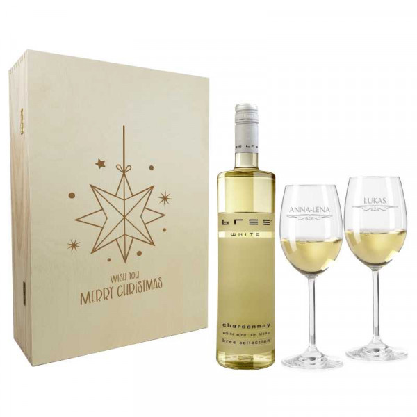 Weihnachtsgeschenk Weißweingläser mit Gravur und Geschenkbox "Stern" 1