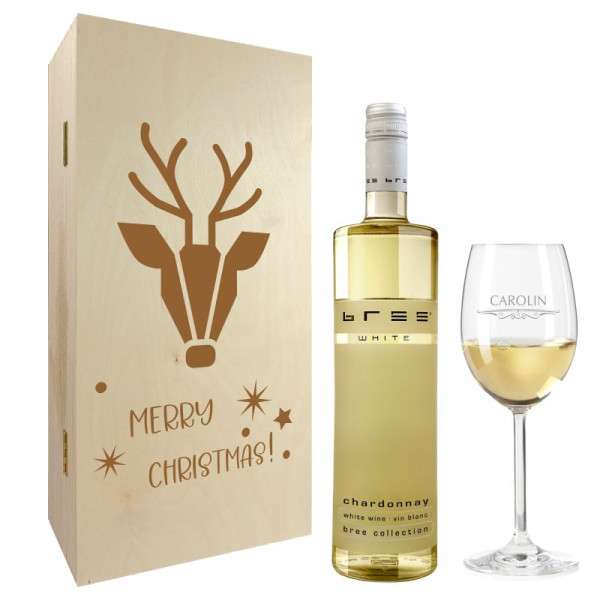 Weihnachtsgeschenk Weißweingläser mit Gravur und Geschenkbox 2er "Rentier" 1