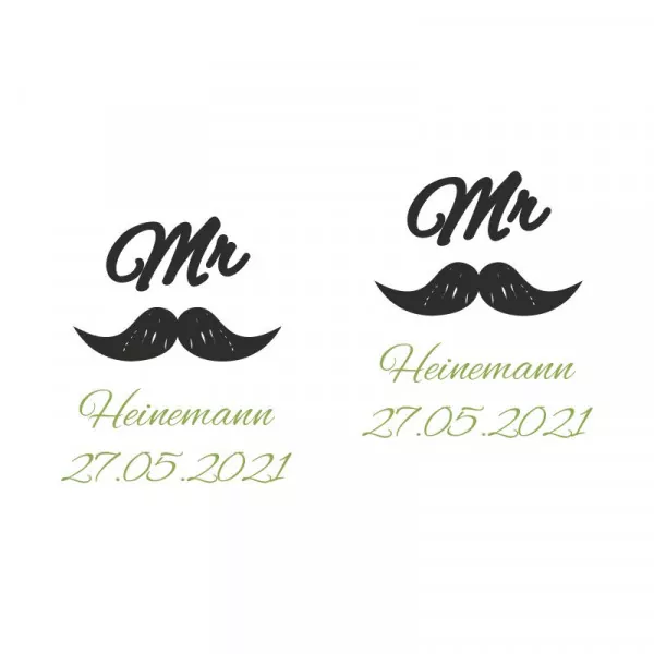 Weissweingläser mit personalisierter Gravur als Geschenk zur Hochzeit Mr und Mr Motiv im Detail